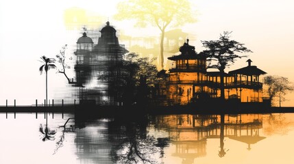 Fototapeta premium Serene waters reflect the silhouettes of pagoda-style buildings and lush trees against a muted gradient sky capturing a tranquil scene
