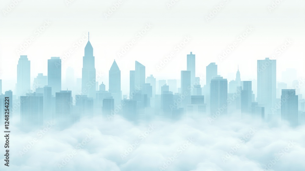 Poster Tranquil Skyline View Above Soft Clouds with a Misty Cityscape in the Background at Dawn or Dusk