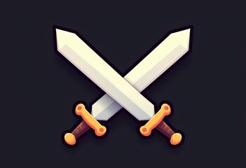 Obraz premium Cute Cartoon Crossed Swords Icon: Adorable, Rounded Design with Isometric Look, Flat Colors on Black, Perfect for Gaming, Logos, and Fantasy-Themed Art.