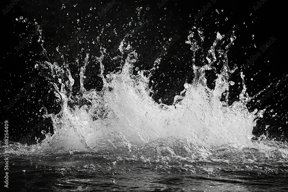 Poster water splash isolated on black background with dynamic splatter effects. generative ai