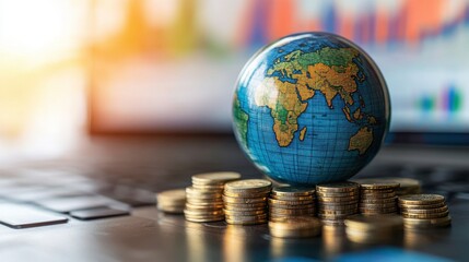 A globe rests on a stack of coins, symbolizing the intersection of finance and global commerce, with a blurred financial chart in the background.