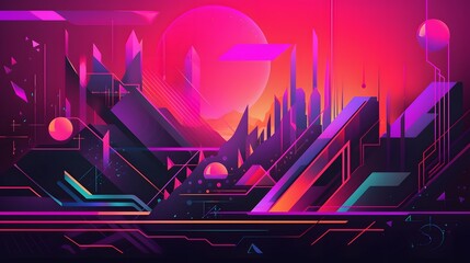 Obraz premium Vibrant cosmic landscape, surreal colorful mountains and glowing orbs, captures imaginative and otherworldly themes, ideal for digital backgrounds.