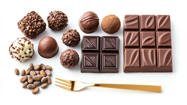 Assorted chocolate pralines dessert collection concept featuring assorted chocolate pralines with truffles cocoa beans and chocolate bars and assorted chocolate pralines gourmet sweet treat 