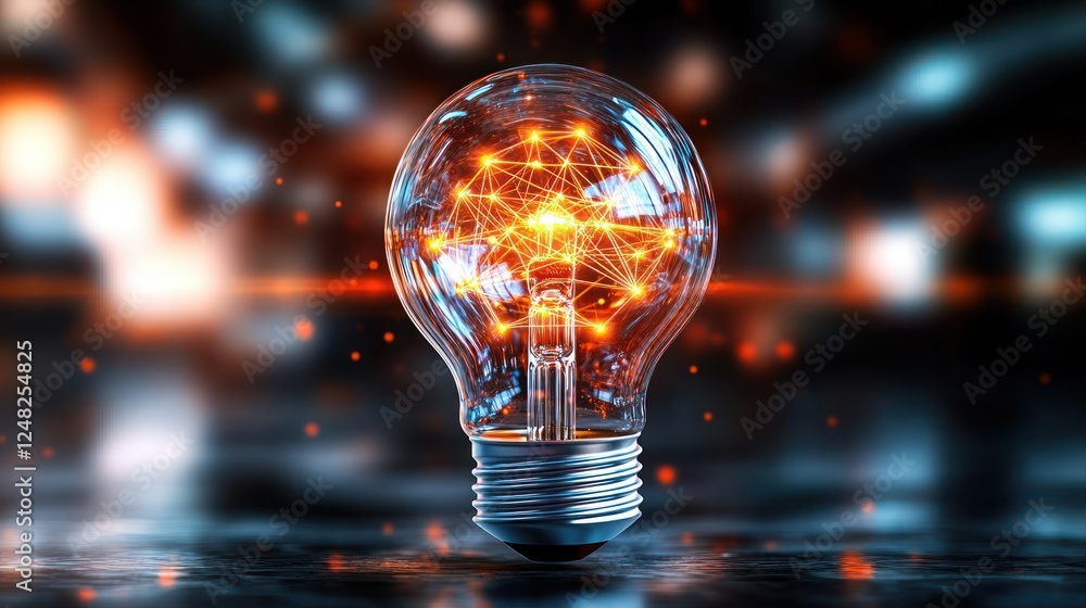 Aufkleber Illuminated Light Bulb with Network Connections and Glowing Patterns in a Contemporary Setting