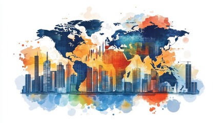 A vibrant watercolor depiction of a world map, overlaid with colorful abstract shapes and city skyline silhouettes.