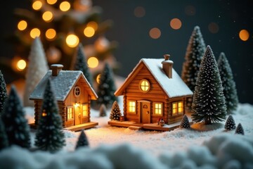 Intricate wooden Christmas village, soft lantern light illuminates details, light, artwork, trees