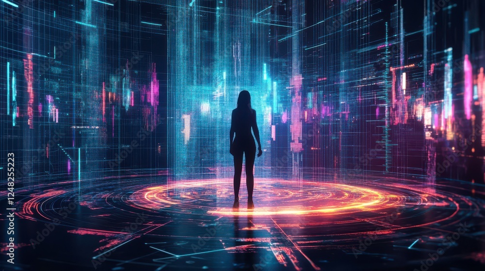 Poster a silhouetted figure stands in a vibrant, digital landscape filled with glowing lines and patterns, 