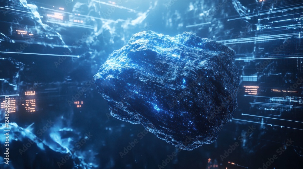 Poster a luminous, blue, floating object is surrounded by digital patterns and light beams, creating a futu