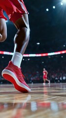 Athlete in red shoes running on basketball court.