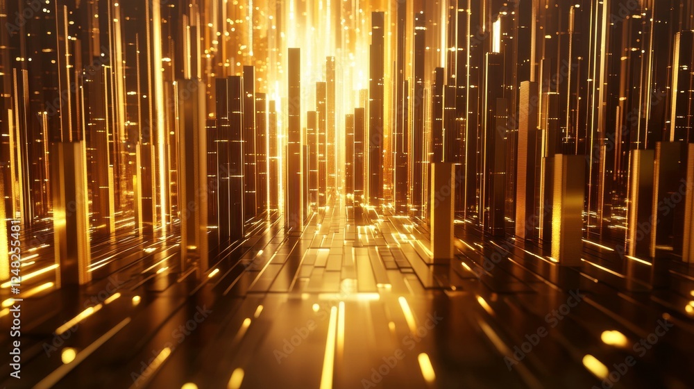 Aufkleber a dazzling abstract scene of golden columns radiating light, creating a futuristic and immersive env