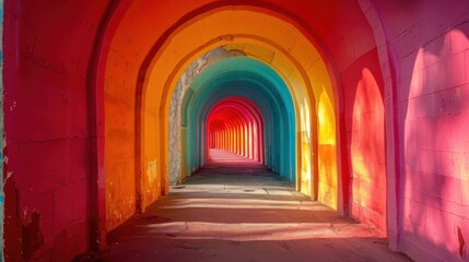 Obraz premium 3D render of a futuristic tunnel with vibrant neon lights, creating a mesmerizing pathway of colors