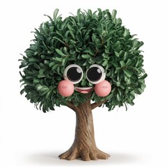 a whimsical illustration of a happy tree with big eyes and a rosy-cheeked smile. The tree is depicted in a cartoon style with a playful and cheerful expression. 