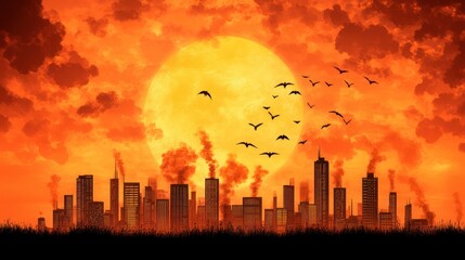 Fototapeta premium Silhouette of Urban Cityscape Against Fiery Sunset with Birds Flying Overhead and Smoke Rising from Towers
