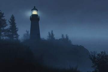Haunting Lighthouse in Foggy Night with Illuminated Beacon
