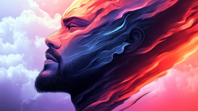 Abstract portrait with flowing colors depicting a contemplative man blending artistic expression with serene introspection in a dreamlike sky