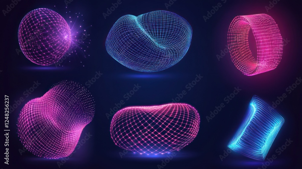 Poster futuristic abstract shapes with glowing wireframe design on dark background