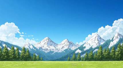 beautiful mountain range with snow capped peaks under clear blue sky, surrounded by lush green forest and vibrant meadow