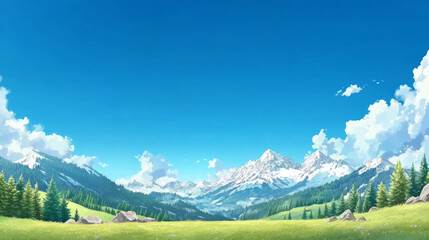 beautiful mountain range with snow capped peaks under clear blue sky, surrounded by lush green fields and scattered trees, creating serene and picturesque landscape