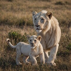 Obraz premium Protecting Lion Cubs A Mother Lion Stands Guard Over Her Two Young, Golden Cubs in Grassland. Mother Lion With Cubs