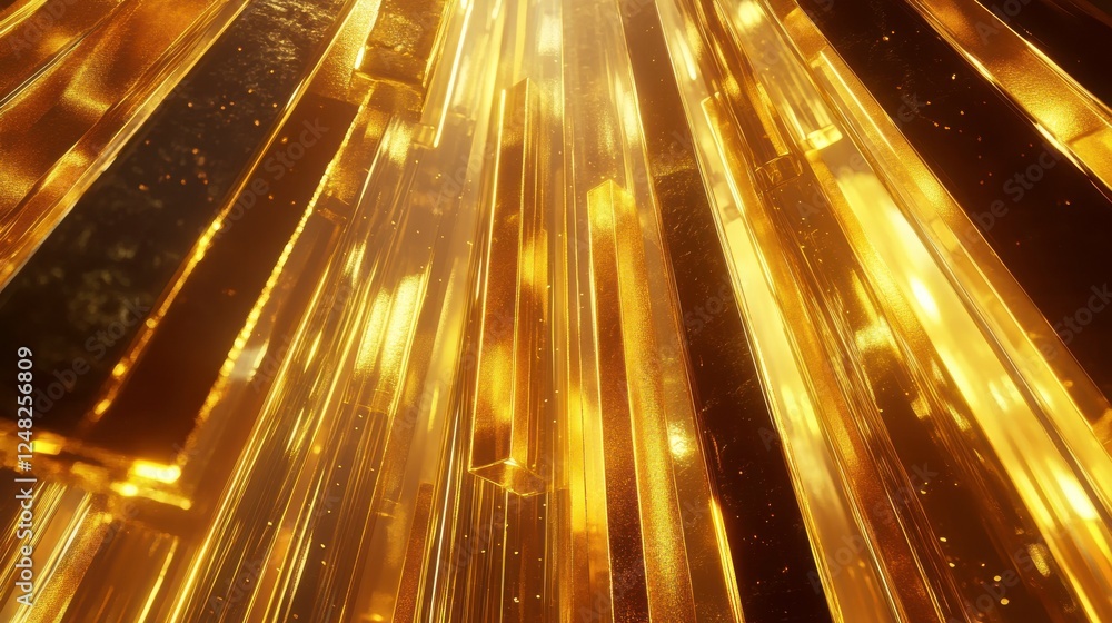 Poster a mesmerizing view of shimmering golden bars radiating light, creating an abstract, dynamic composit