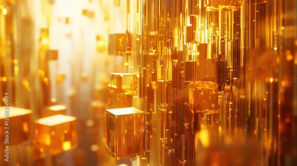 Poster a dazzling array of golden blocks and shimmering light, creating an abstract, futuristic atmosphere 