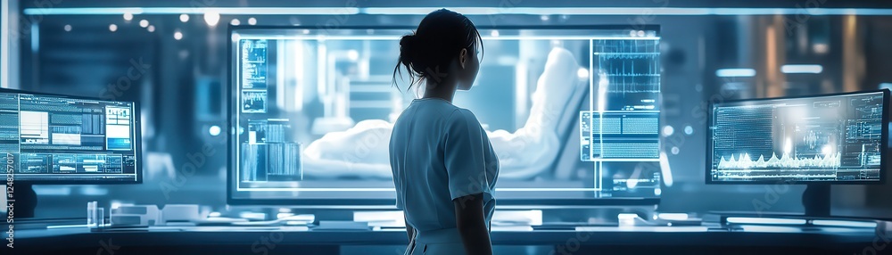 Poster a medical professional observes advanced technology and data on multiple screens in a futuristic set