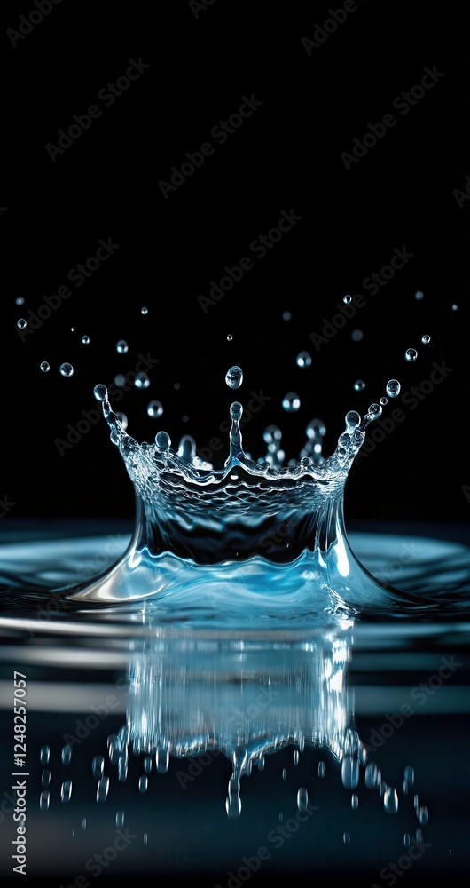 Poster water splash creating ripples against a black background with droplets flying high. generative ai