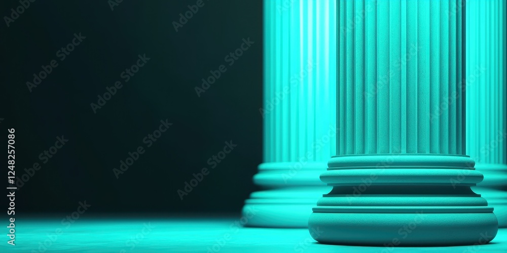 Poster a close-up view of classical columns illuminated in turquoise, showcasing architectural elegance and