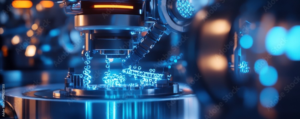 Poster a futuristic robotic arm manipulates glowing digital data, showcasing the intersection of technology