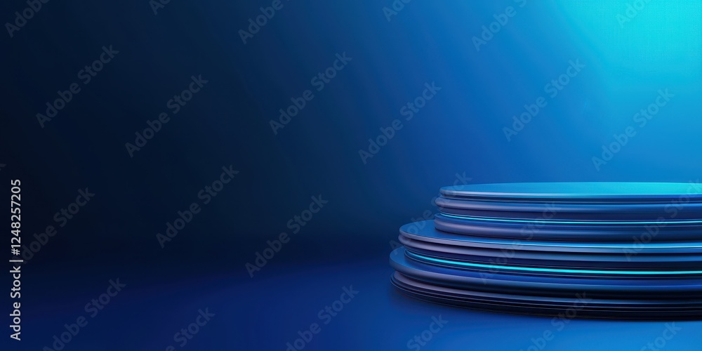 Poster A smooth, blue-toned background features a series of circular platforms, creating a modern and minimalistic display.