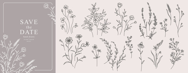 Elegant minimal style set of flowers, branches, leaves. Hand drawn delicate botanical rustic greenery in line art. Vector isolated for wedding invitation, card, logo design, save the date, tattoo