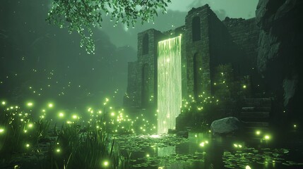 Obraz premium Enchanting waterfall with glowing lights in a serene forest setting at twilight