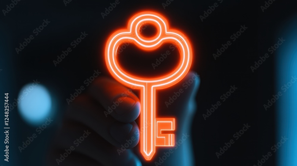 Poster glowing neon key held by hand in dark background for digital art or security concept imagery