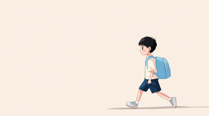 Fototapeta premium young boy with jet black hair wearing school uniform and carrying blue backpack walks confidently against plain background
