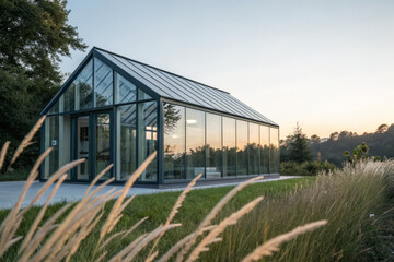 Obraz premium Modern glass greenhouse with serene landscape at sunset