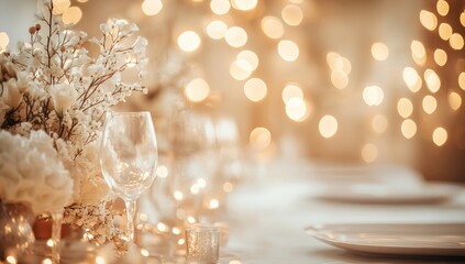 Elegant wedding table setting with flowers and fairy lights.