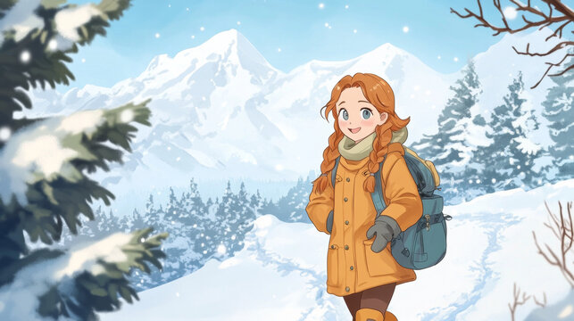 brave anime girl with braided hair wearing thick parka stands in snowy mountain landscape, exuding sense of adventure and warmth