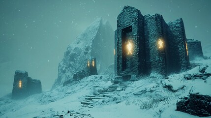 Snow-covered ancient ruins illuminated by glowing symbols in a mystical winter landscape