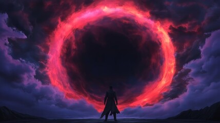 Figure stands before a fiery portal in a dramatic sky filled with swirling clouds creating a sense of mystery and anticipation