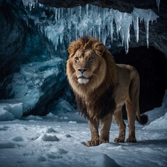 Naklejka premium A lion walking through a white snowstorm with blue accents. A lion resting on a glowing white crystal in a blue cave. View of wild lion in nature Powerful In The Wild