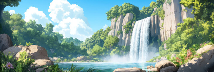 breathtaking anime landscape of lush forest with towering cliffs and cascading waterfall under bright blue sky, creating serene and tranquil atmosphere