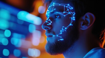 Obraz premium Man's face scanned, digital network, dark office, data screen