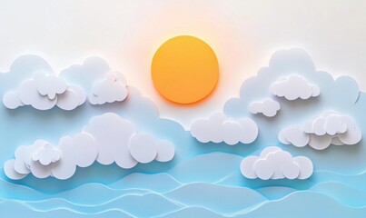 Paper art sunrise over ocean waves. Ideal for summer, calm, serene background