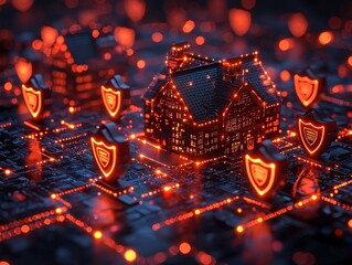Futuristic Compliance Law Concept with Glowing Shields and Legal Text Streams Surrounding a Corporate Building