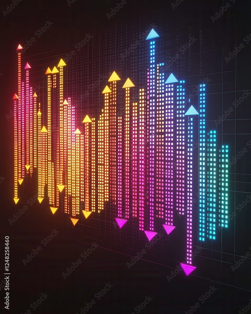 Poster a vibrant, digital display of colorful bars and arrows representing data trends and sound waves in a