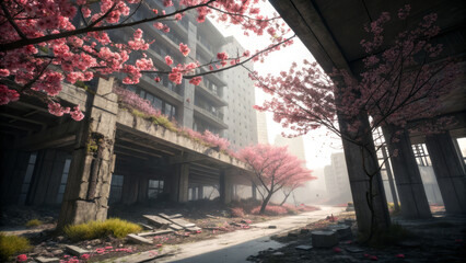 Abandoned urban landscape with cherry blossoms and decay