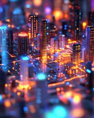 A vibrant, illuminated cityscape with colorful lights reflecting on buildings, creating a dreamy, abstract urban atmosphere.