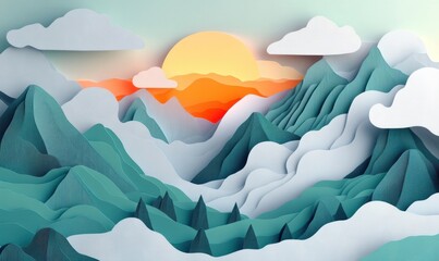 Paper art sunset mountainscape; idyllic scene, nature background, for travel brochures