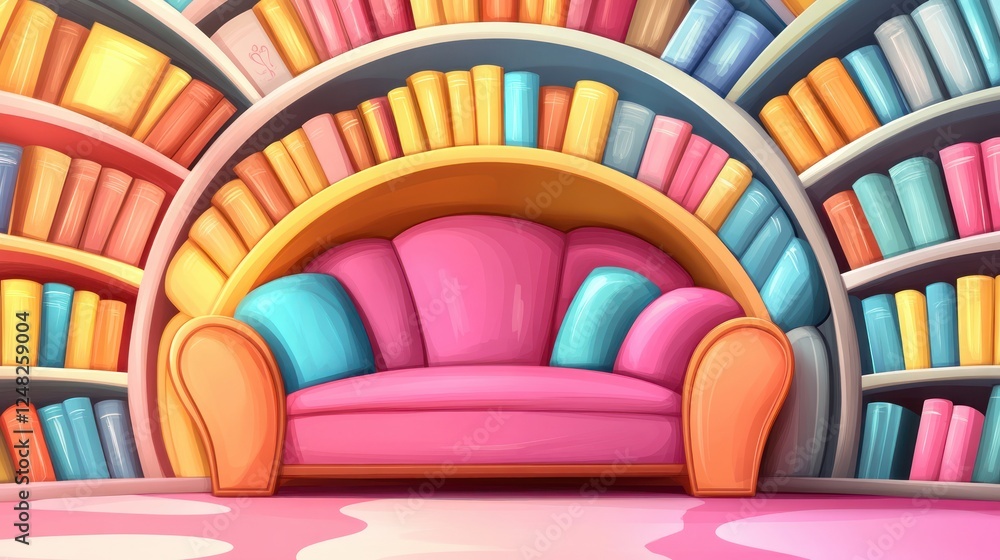 Poster Cozy and Colorful Reading Nook with Vibrant Bookshelf and Plush Sofa in a Whimsical Design