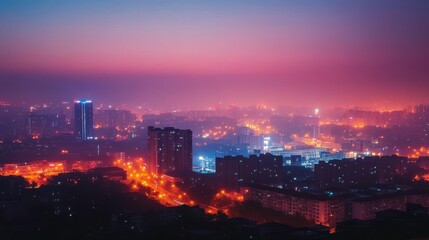 Obraz premium A vibrant cityscape at dusk, illuminated by glowing lights beneath a misty sky, creating a serene yet dynamic urban atmosphere.